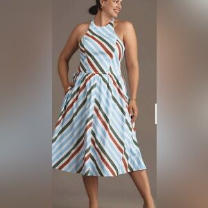 Maeve Halter Midi Dress in Light Blue, Olive & Rust Stripe